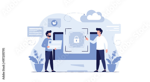 Two Men Collaborating on Data Security and Cloud Computing Concepts.