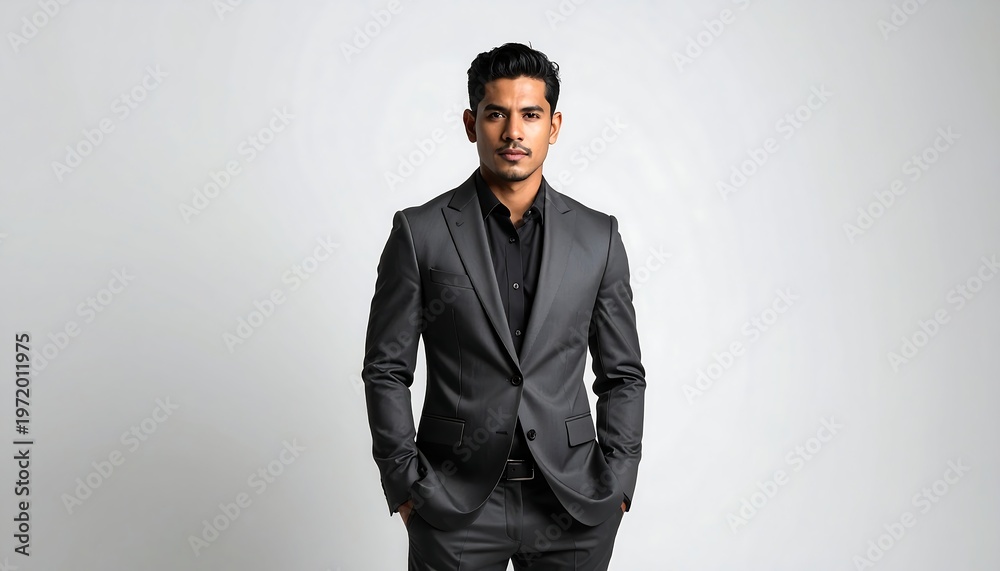 Obraz premium A man in a gray suit standing against a gray background