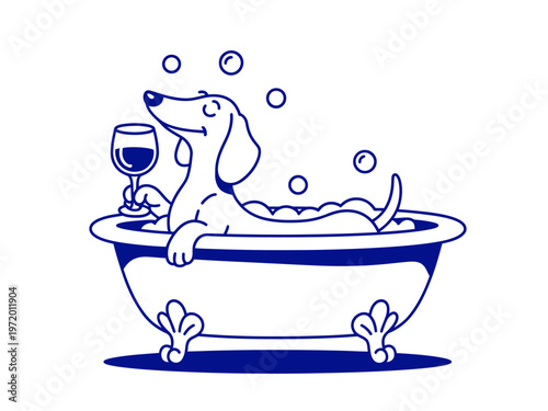 Dachshund Dog Relaxing In Bathtub With Wine Glass For Pet Pampering Concepts