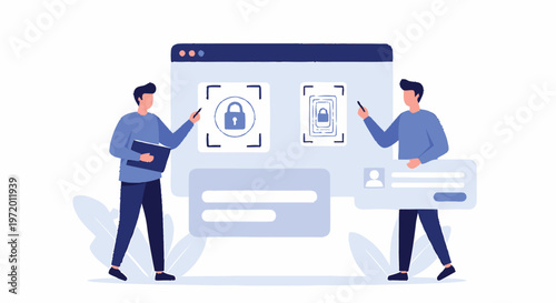 Two Men Interacting with a Digital Interface for Security and Data Management.