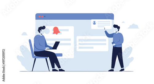 Two Men Interacting with a Social Media Interface Illustration.