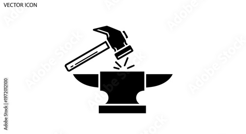 Blacksmith hammer striking anvil, sparks flying, vector icon