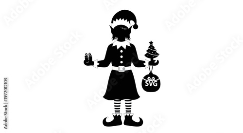 Christmas Elf Silhouette Holding Gifts and Bauble with SVG