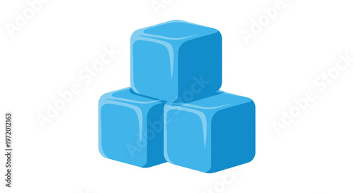 Stack of three blue ice cubes on white background