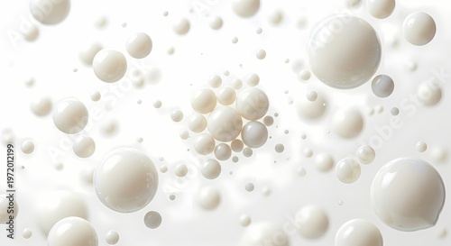 Spherical objects of varying sizes in a white, glossy texture float in a 3D space against a light background.