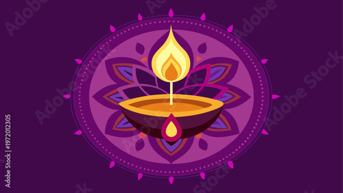 A glowing diya lamp with a golden flame in a decorative holder