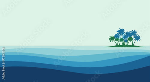 Abstract coastal scene with island and blue waves illustration