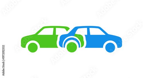 Two stylized cars, green and blue, overlapping, depicted on a white background