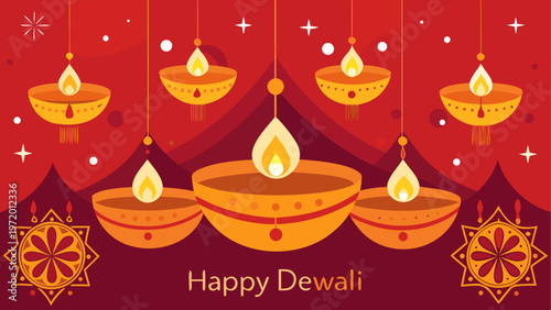 Brightly lit diya lamps arranged for happy diwali celebration