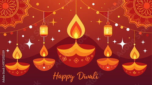 Colorful diya lamps arranged for a happy diwali celebration