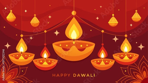 Set of five lit diya lamps with flames for diwali celebration