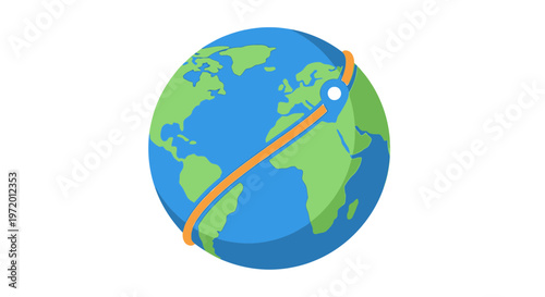 A flat globe illustration with an orange orbit line and a location pin