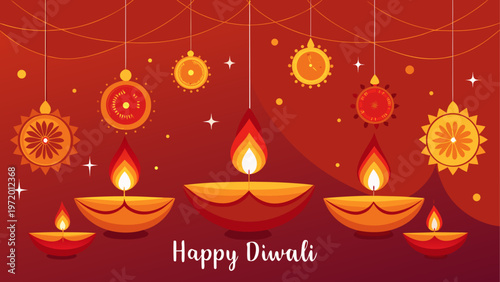 Happy diwali celebration with lit oil lamps and festive decorations