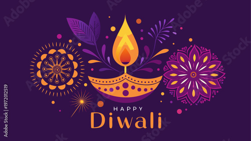 Colorful diwali festival celebration with fireworks and diya