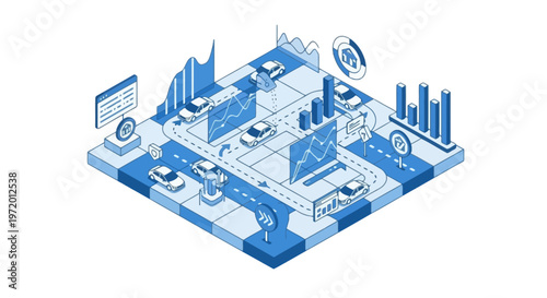 An isometric view of a roadway system with cars, data visualizations, and icons