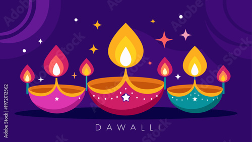 Colorful diya lamps with flames arranged in a row for celebration