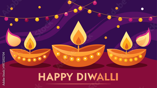 Celebration of diwali with glowing clay oil lamps in a row