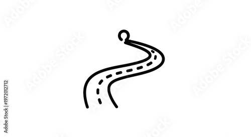 Simple black and white illustration of a winding road with dashed center lines, ending in a loop