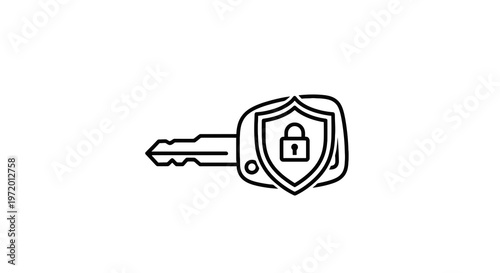A key with a security shield and padlock, in a line art style