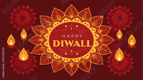 Vibrant diwali celebration with glowing diya lamps and festive design