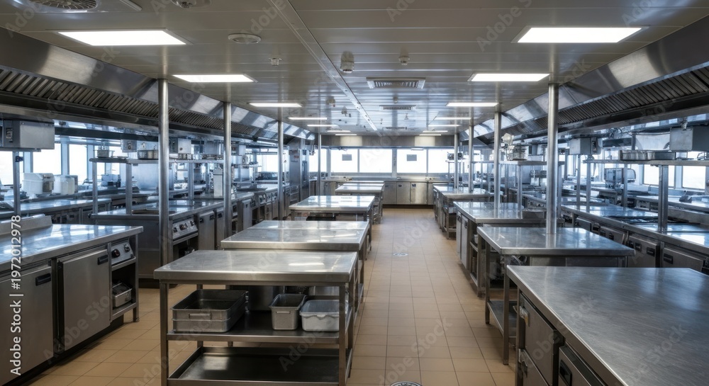 Obraz premium A large, modern, stainless steel commercial kitchen with rows of cooking stations