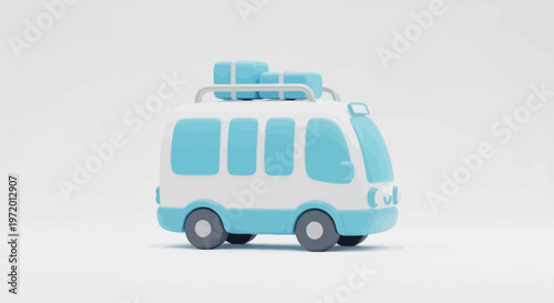3D cartoon minivan with luggage on roof, teal and white, centered on white surface