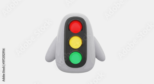 An anthropomorphic, cartoonish traffic signal with gray arms/body and red, yellow, and green lights