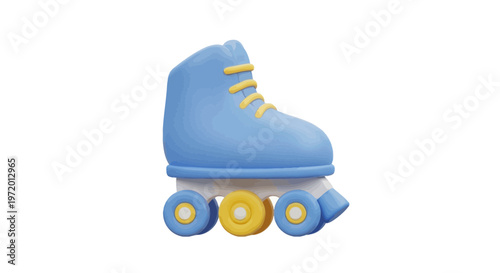 A 3D rendered, light blue and yellow roller skate isolated on a white background