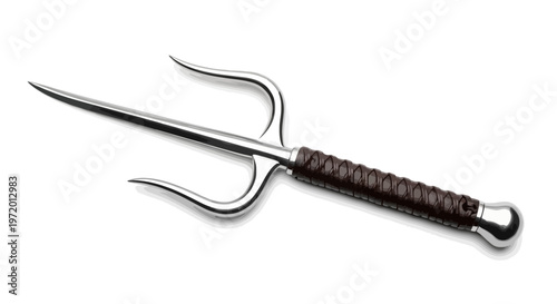 A sai, martial arts weapon, with a long central spike, side prongs, and a textured grip
