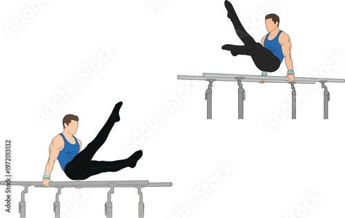 Male Gymnast Performing Parallel Bars Routine Set of Athletic Man Exercising in Gym Isolated on White Background Vector Illustration