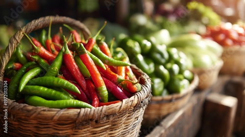 Fresh Green and Red Chili Peppers in Rustic Basket at Market Stall