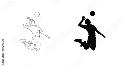 Athletic volleyball player jumping high to hit a ball in this clean black and white illustration