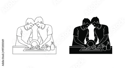 Vector graphic illustrating two happy men collaboratively washing dishes in a kitchen sink with a smile.