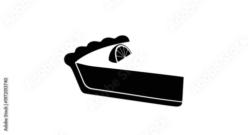 Black Silhouette Slice of Lemon Pie with Slice Garnish on White Background