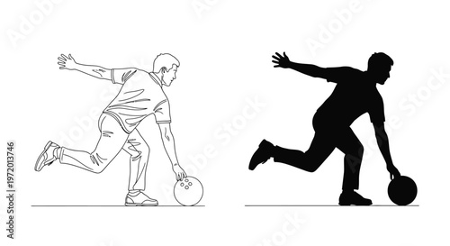Minimalist vector graphic illustration of a professional bowler throwing a ball during an active game