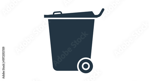 Dark Blue Silhouette of a Wheeled Trash Can Icon on White Background