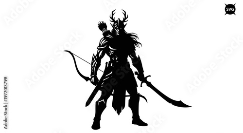 Fantasy Archer Warrior Silhouette with Sword and Bow