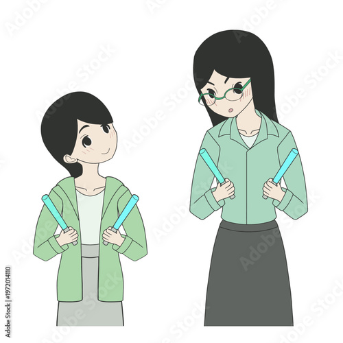 同じペンライトを持って笑顔で会話する女子中学生と大人の女性のイラスト