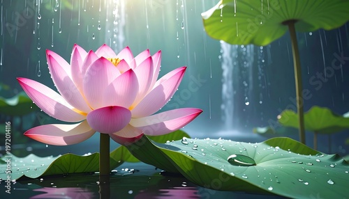 Pink Lotus Flower Blooming in Calm Water Under Rain.