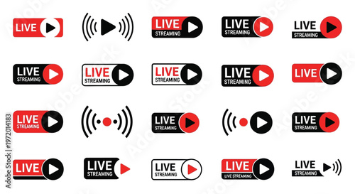 Professional collection of live streaming buttons and broadcast icons designed as a flat vector graphic set