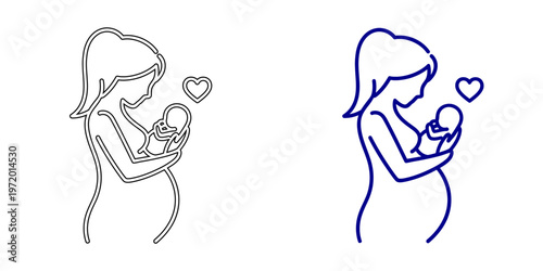 Minimalist Mother Holding Newborn Baby Icon with Heart Symbol for Maternity and Parenthood Concepts