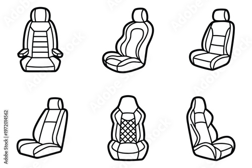 Car seat line art vector illustration, automotive interior component, vehicle safety symbol, minimalist outline design, child and adult seating icon