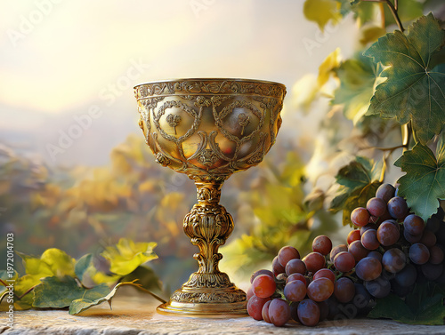 Illuminated Golden Chalice with Grape Vines Behind