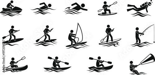 Set of black vector sport silhouettes featuring people in summer water fitness competitions like rowing, kayaking, and surfing on the sea