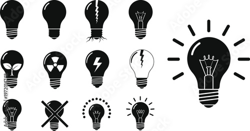 A comprehensive set of bright light bulb icons and electric lamp vectors illustrating innovative ideas, energy technology, and inspiration symbols for creative power and lighting equipment concepts