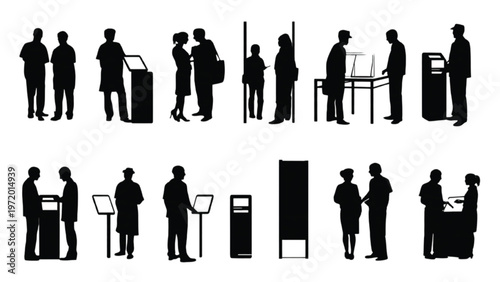 Set of patient admission silhouettes with hospital entry and registration flow elements