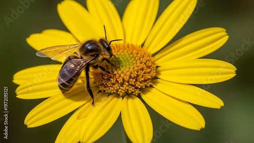 Bee collecting nectar from a bright yellow daisy flower in close-up.