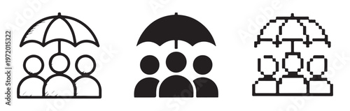 Three outlined people under a line art umbrella vector line icon design set.