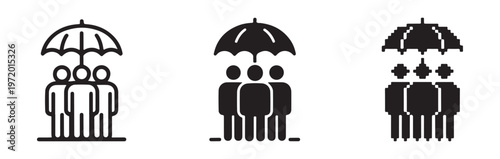 Three line art people under a solid umbrella vector line icon design set.