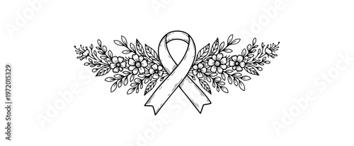 White ribbon floral design on black background